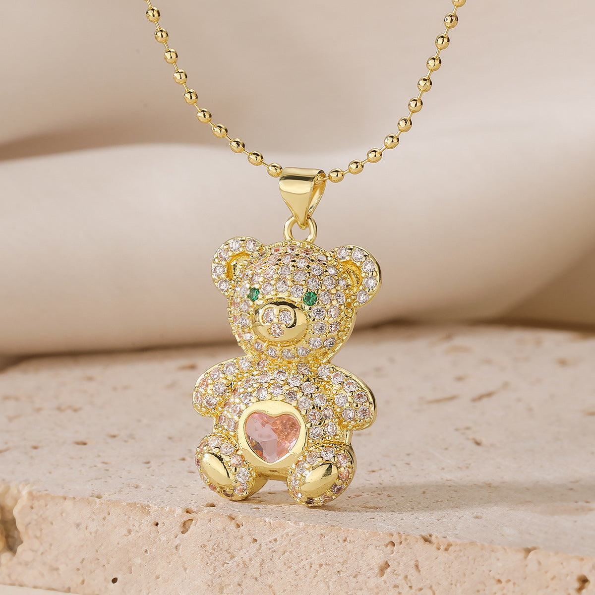 Minimalist 18K Gold Plated Brass Cubic Zirconia Bear Pendant Necklace for Women