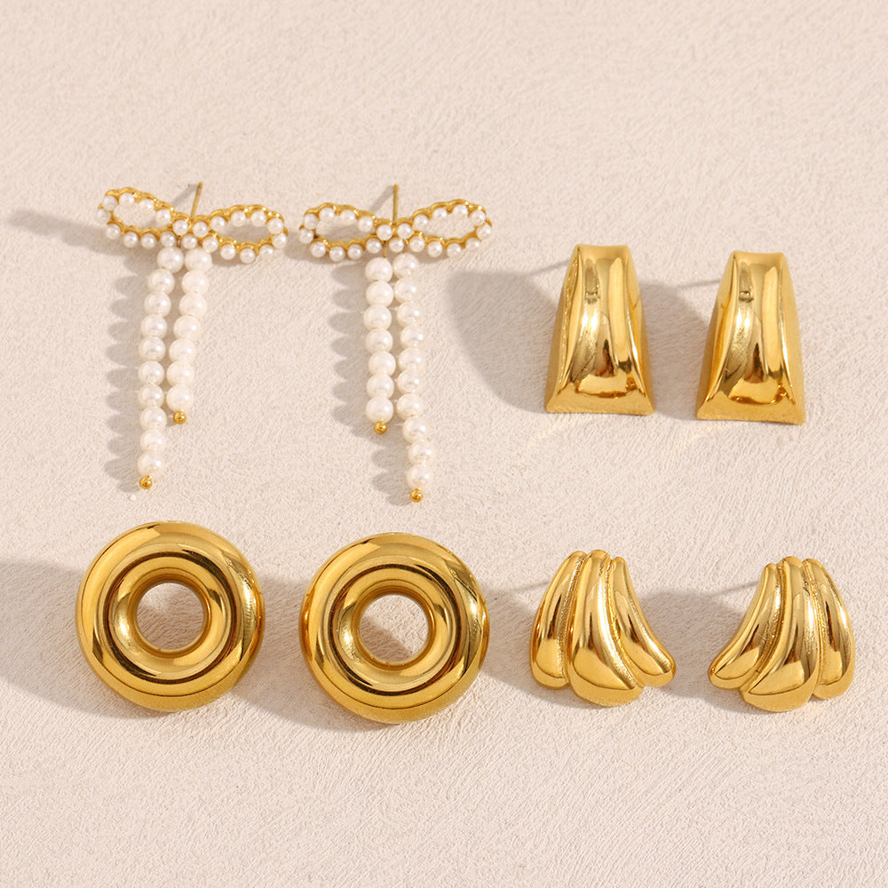 Vintage Style Bow-Shaped Stainless Steel Electroplated 18K Gold Hollow O-Link Pumpkin-Trapezoid Pearl Earrings for Women