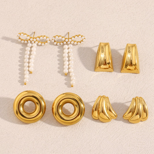 Vintage Style Bow-Shaped Stainless Steel Electroplated 18K Gold Hollow O-Link Pumpkin-Trapezoid Pearl Earrings for Women
