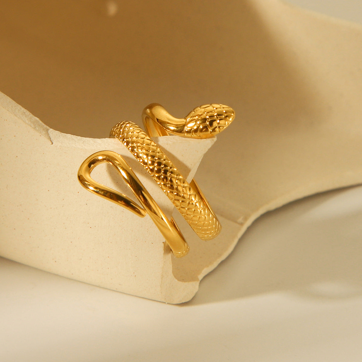 Trendy 18K Gold Plated Stainless Steel Snake Open Ring for Women