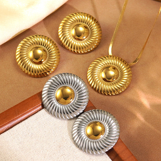 Set di Collana e Orecchini da Donna Vintage Minimalista Tondo Geometrico in Acciaio Inossidabile Placcato