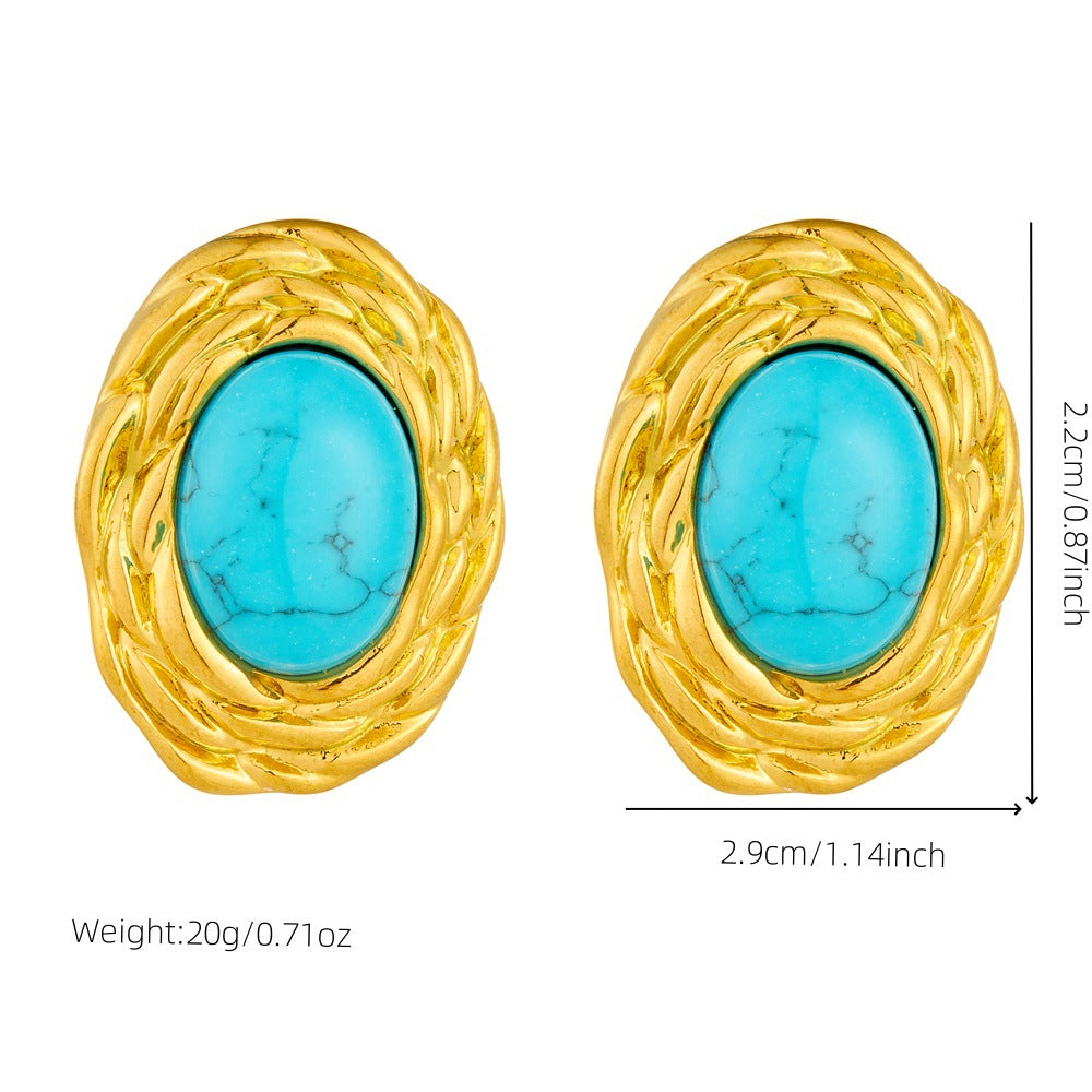 Vintage Gold Plated Stainless Steel Oval Geometric Turquoise Inlay Earrings