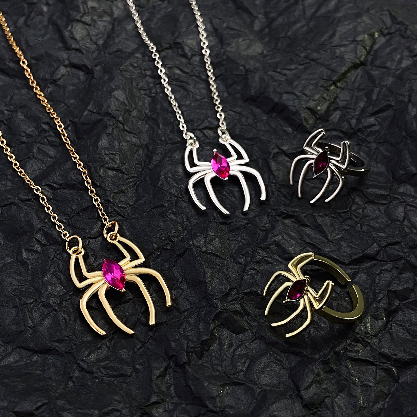 Minimalist Spider Pendant Necklace and Ring Set with Alloy Construction Electroplated Finish for Unisex Wear