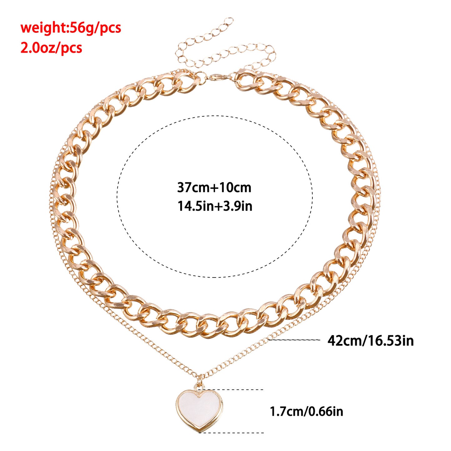 Punk Style Double-Layer Heart-Shaped Mother-of-Pearl Pendant Necklace for Women Alloy Chain with Plating Finish Lightweight Luxury Sweater Chain