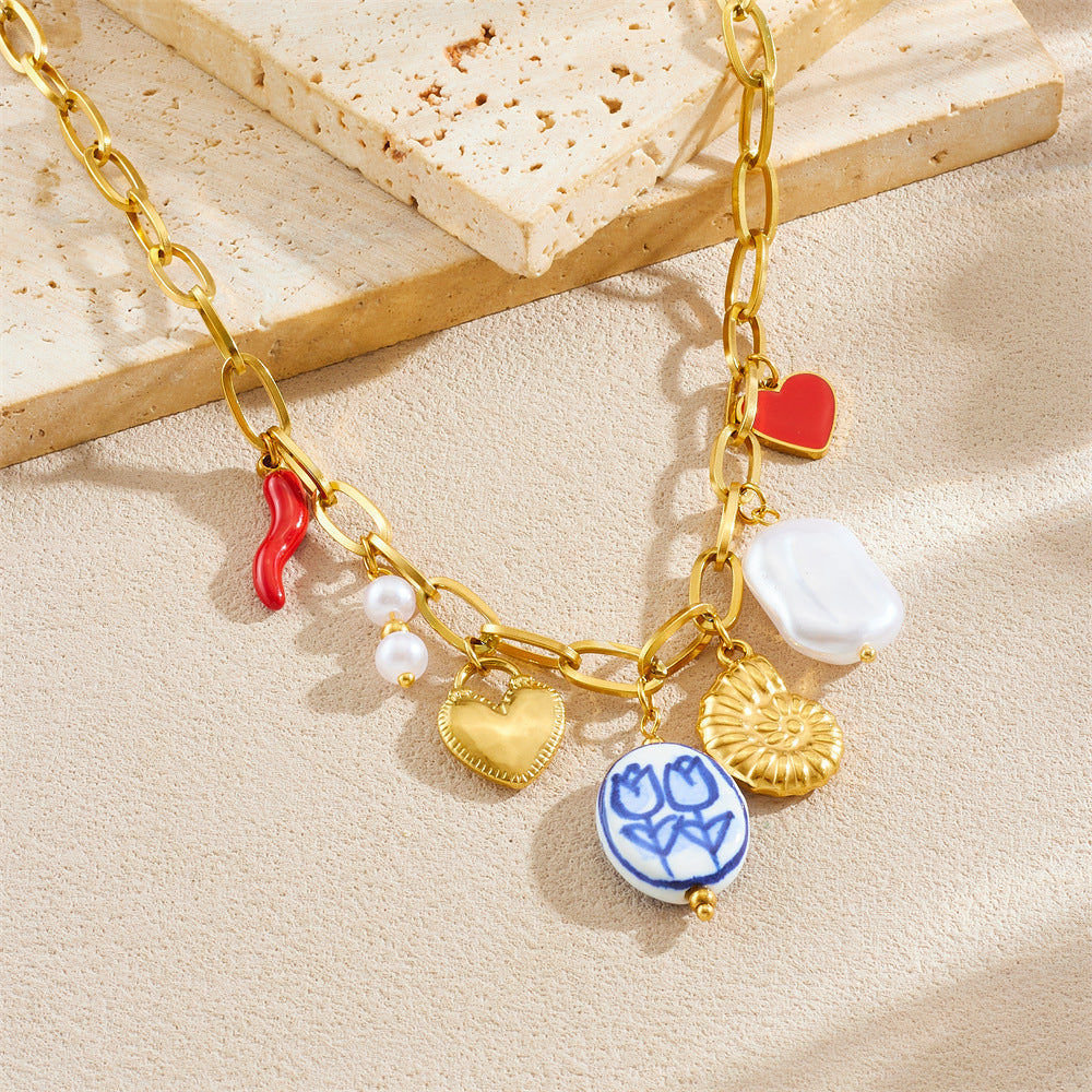Sweet Gold Plated Drip Oil Heart Floral Stainless Steel Pendant Necklace for Women