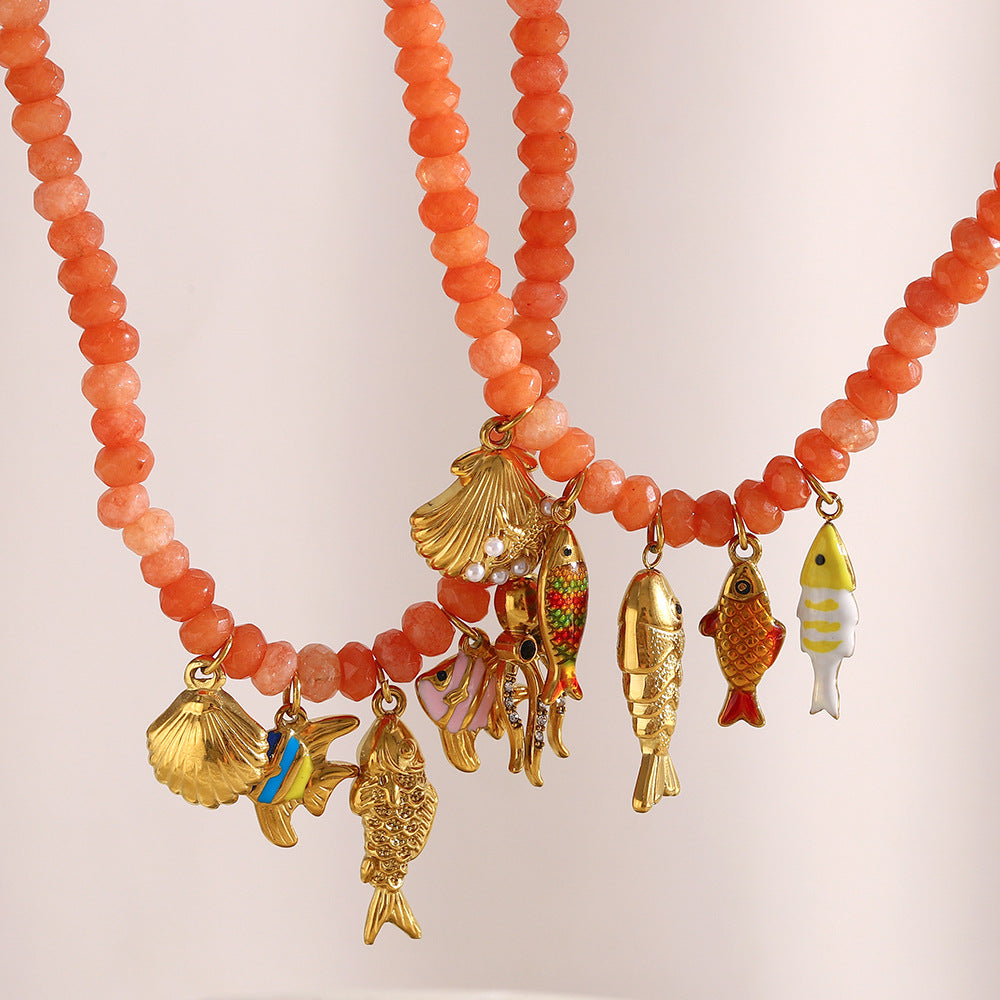 Luxury Handmade Beaded Geometric Pendant Necklace in Stainless Steel with 18K Gold Plating and Red Agate Ocean Life Motif