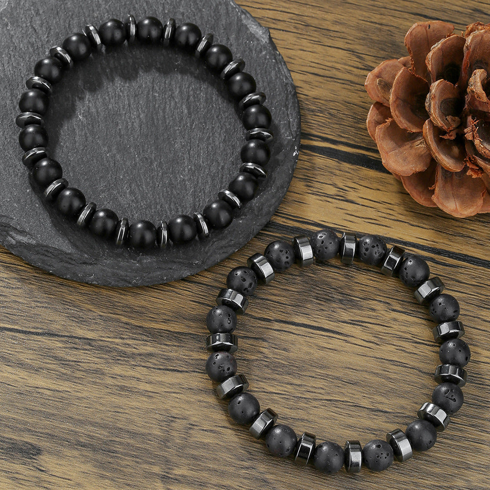 Unique Geometric Round Volcanic Stone and Hematite Beaded Stretch Bracelet Set for Men and Women