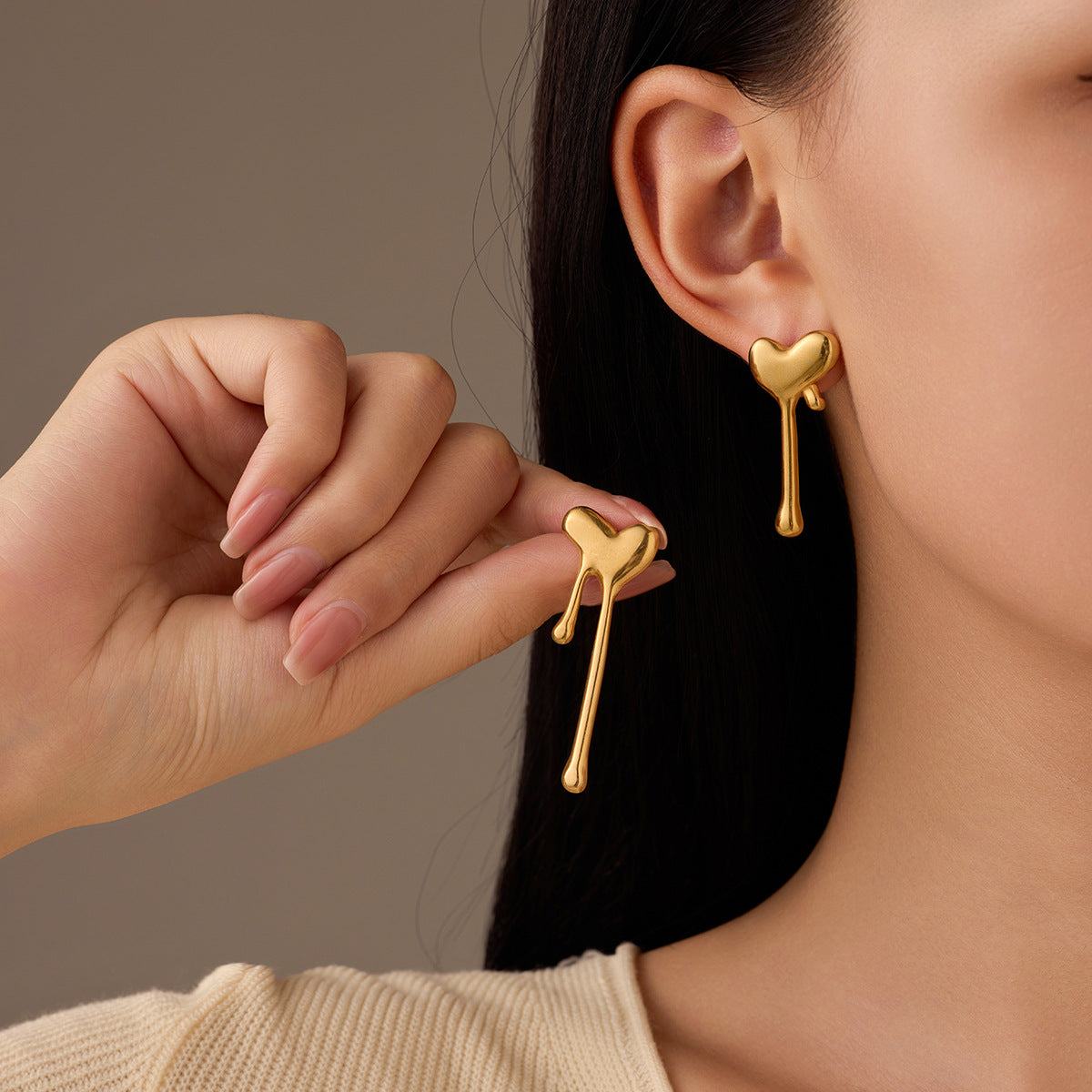 Fashionable Minimalist Lava Heart-Shaped Titanium Steel Earrings for Women with Dangling Teardrop and Tassel Details