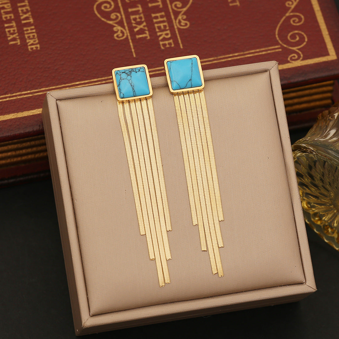 Vintage-Style Geometric Stainless Steel Earrings with Tassel and Pearl Accents Cat Eye Oval Design for Women