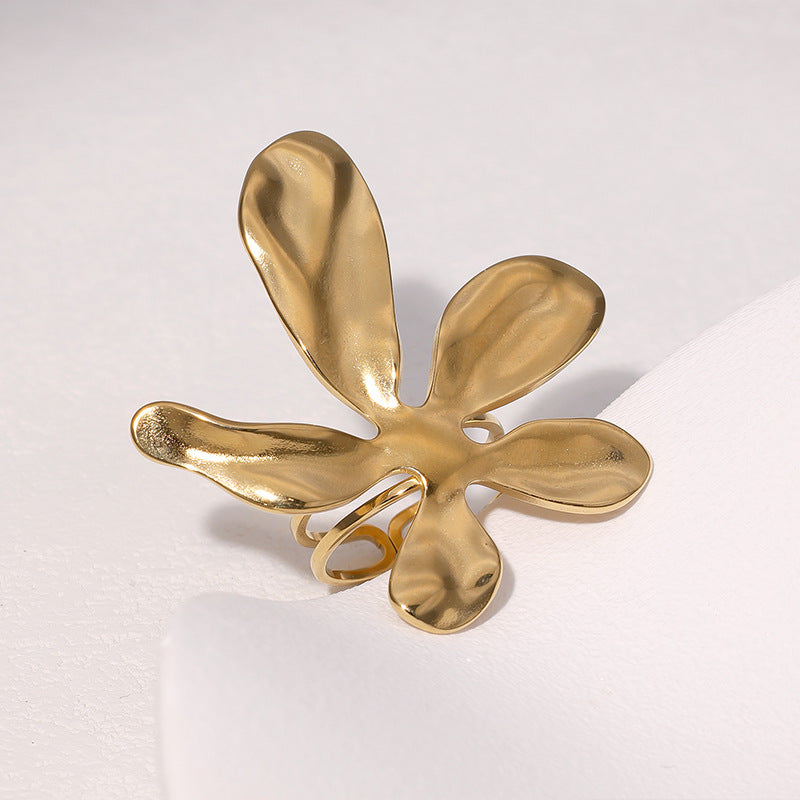 Minimalist 18K Gold Plated Stainless Steel Flower Petal Open Ring for Women