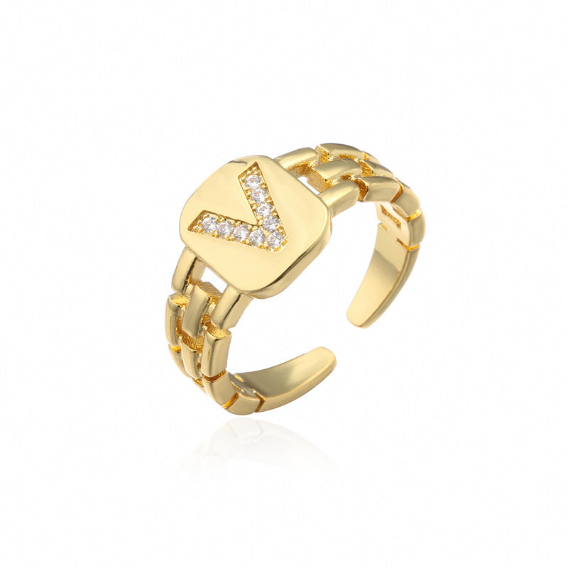 Minimalist Letter Shape Copper Ring with Micro-Pavé Setting Adjustable Geometric Band