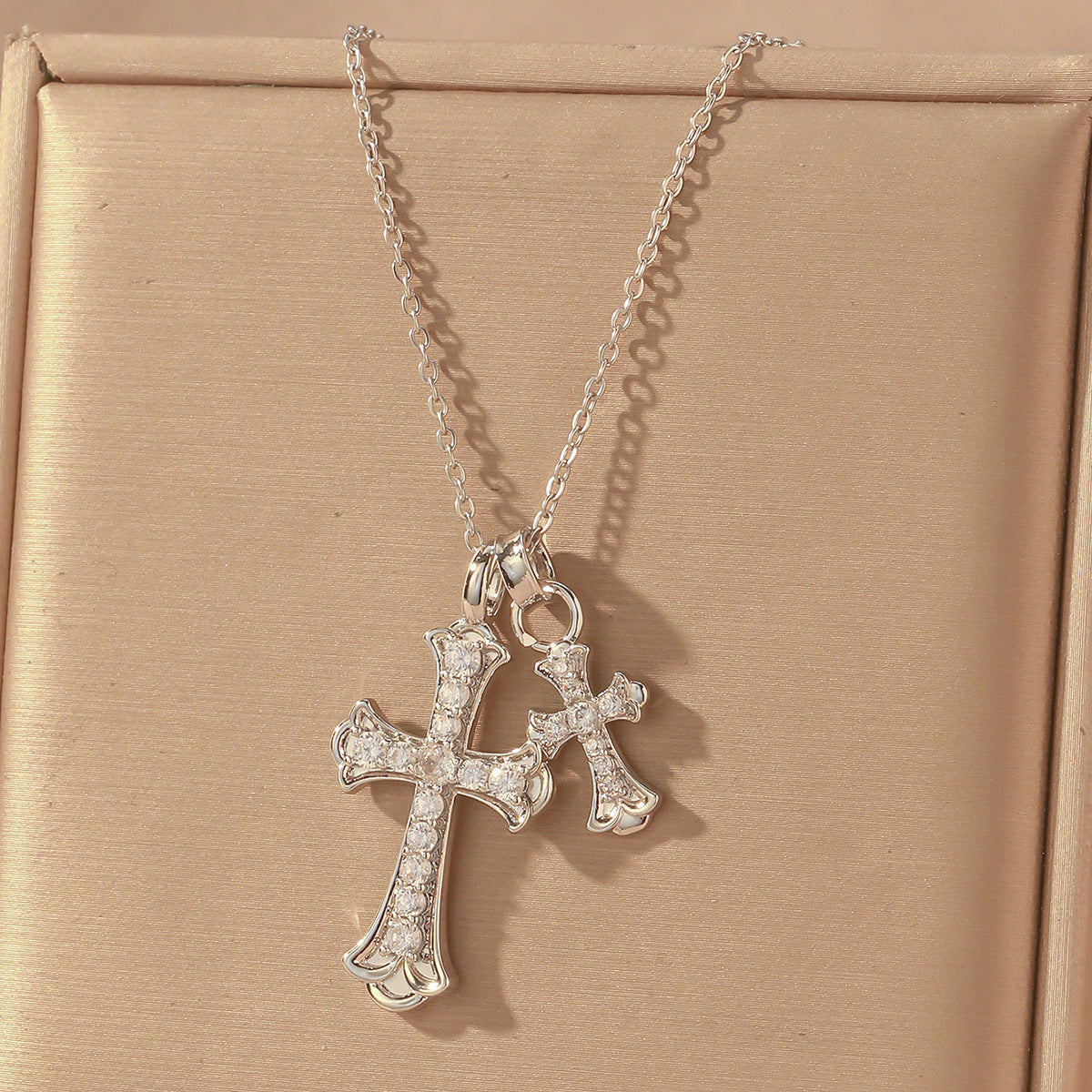 Luxury Sweet Double Cross Pendant Plated Titanium Steel Necklace with Curb Chain for Women