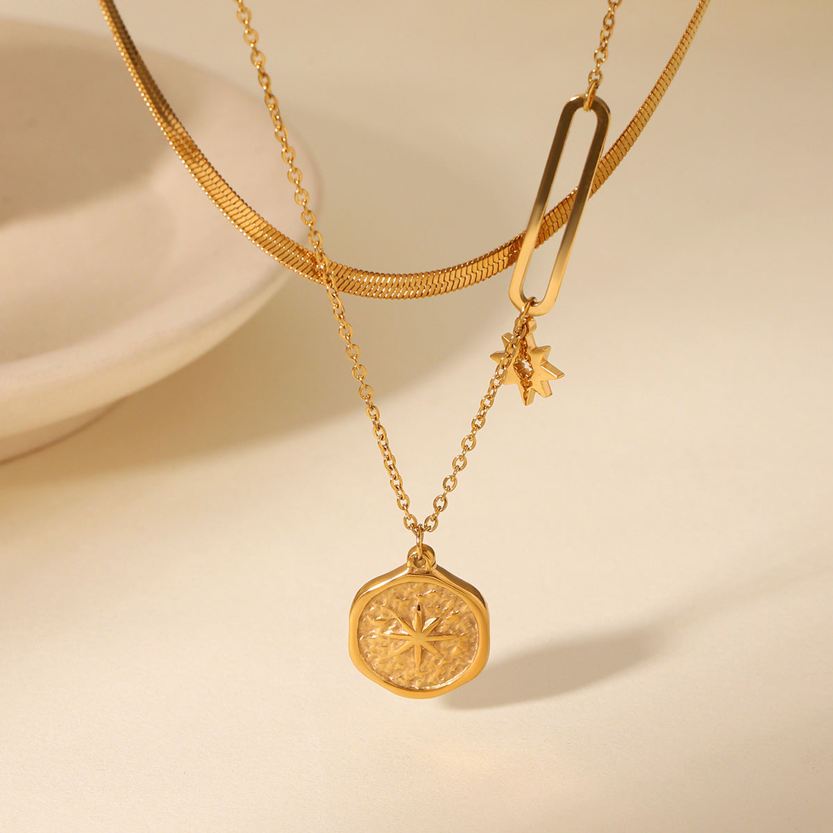 Minimalist Geometric Eight-Pointed Star Pendant Necklace in Stainless Steel with Plated Finish on Blade Chain for Women
