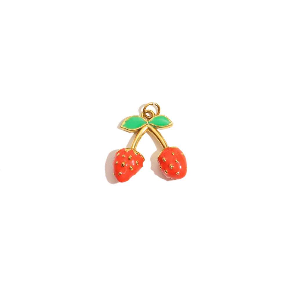 18K Gold Plated Drip Oil Stainless Steel Fruit Cherry Strawberry Charm Bar