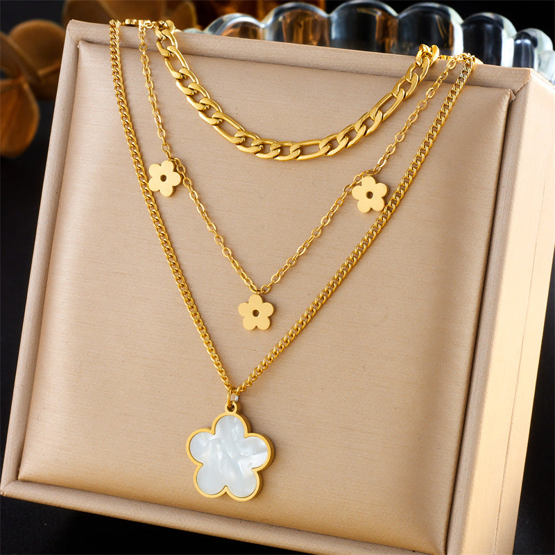 Collar con colgante de acero inoxidable chapado en oro, estilo coreano, vintage, floral, a la moda, para mujer, joyería de cadena apilable de múltiples capas