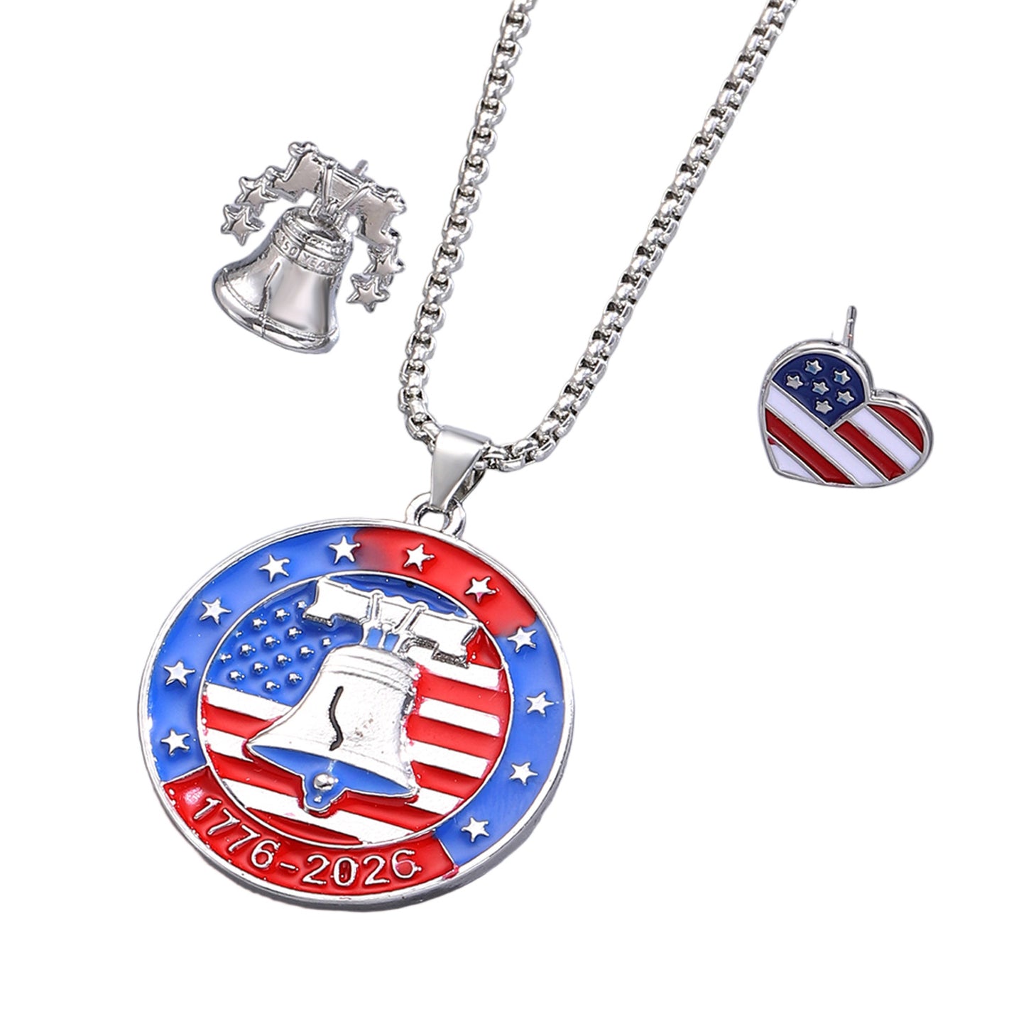 Juego de collar con colgante de la Campana de la Libertad del Día de la Independencia y pendientes de corazón asimétricos, joyería chapada en aleación de zinc esmaltada al aceite para unisex