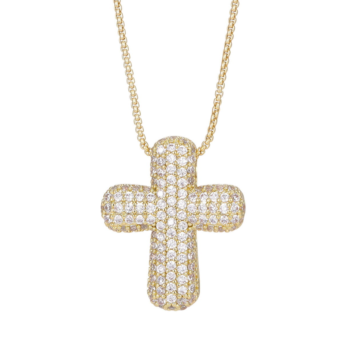 Elegante Ciondolo a Croce in Ottone con Zirconi Incastonati, Collana con Catena a Scatola Unisex