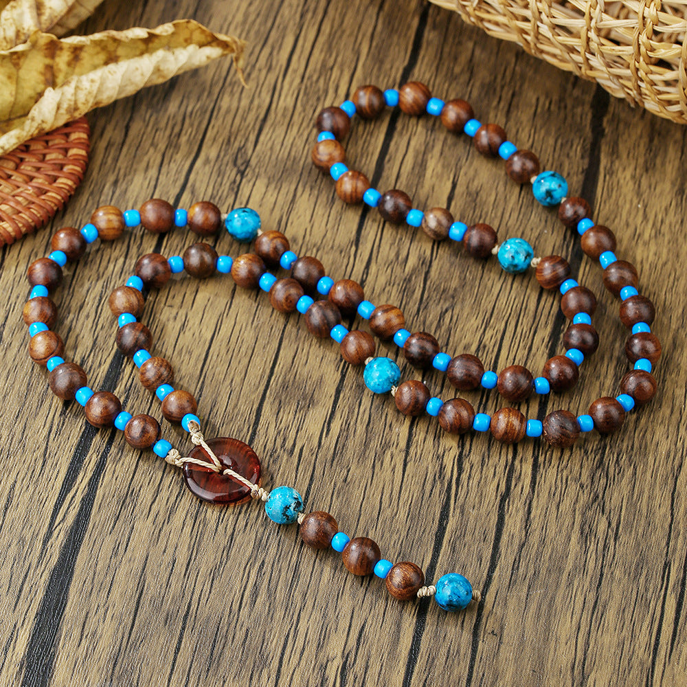 Vintage Geometric Round Wood Acrylic Beaded Necklace Cable Chain Unisex