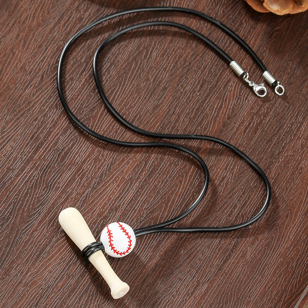 Geometric Wood Baseball Bat Pendant Leather Necklace Adjustable Unisex