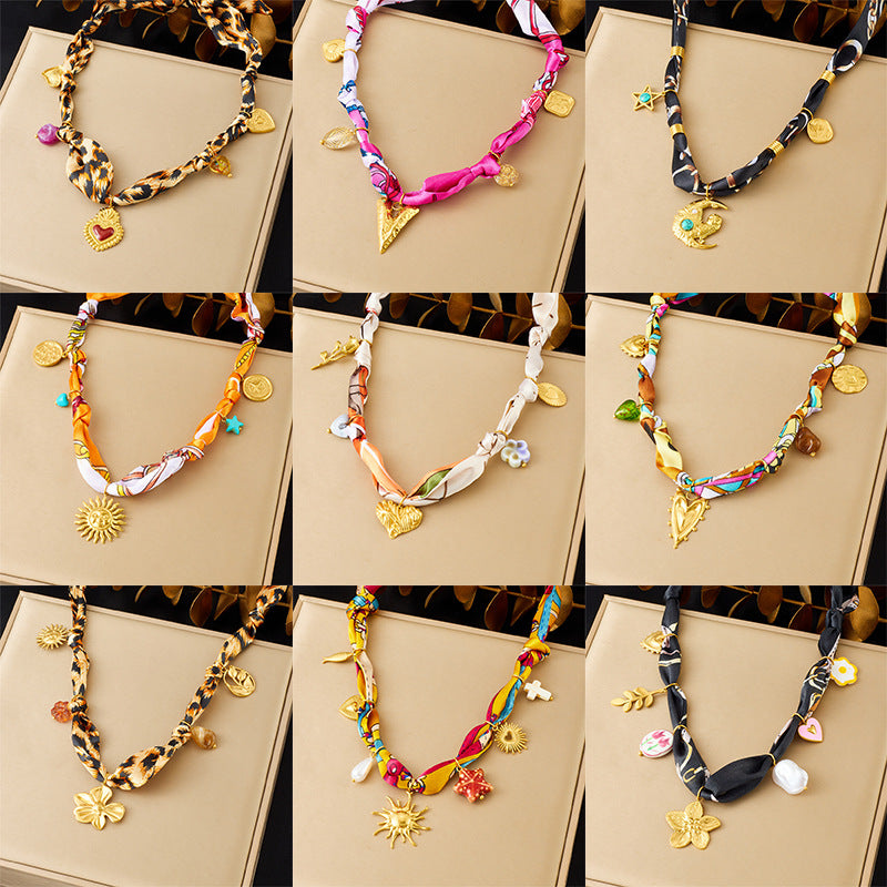 Elegant Leopard Print Floral Drip Oil Heart Sun Pendant Stainless Steel Necklace for Women