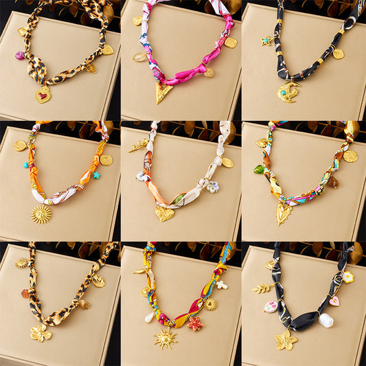 Elegant Leopard Print Floral Drip Oil Heart Sun Pendant Stainless Steel Necklace for Women