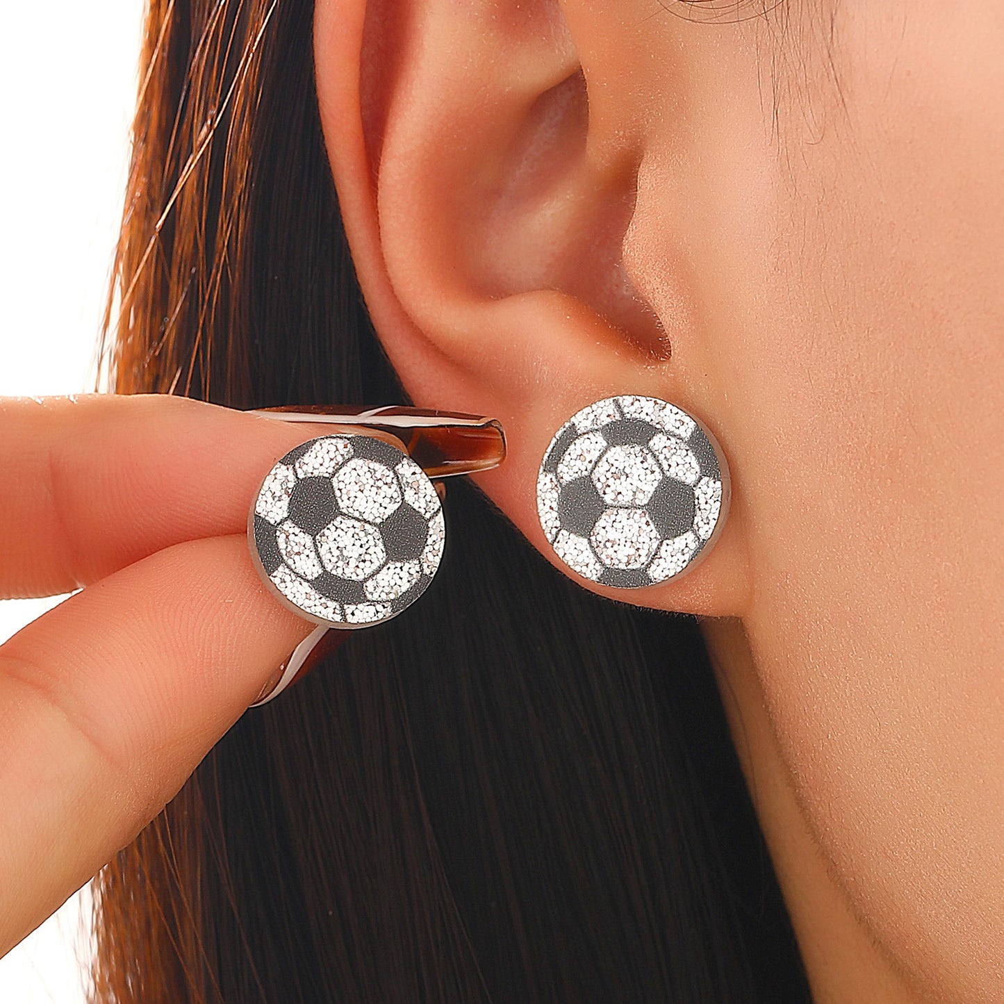 Vintage Acrylic Heart Stud Earrings with Sports Ball Print for Women