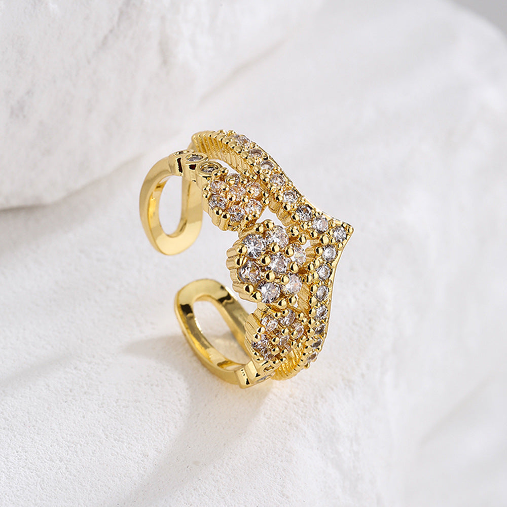 Anello Aperto Geometrico Minimalista da Donna Realizzato in Rame con Placcatura in Oro 18K e Intarsio di Zirconi