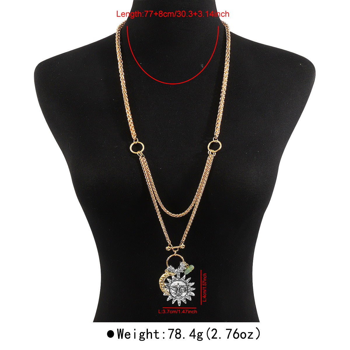 Collar largo bohemio de capas con colgante de luna y sol para mujer con colgante de aleación y acabado chapado