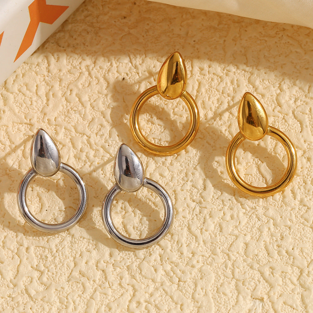 Minimalist Geometric Stainless Steel Earrings with 18K Gold Plating Waterdrop and Hoop Hybrid Design for Women