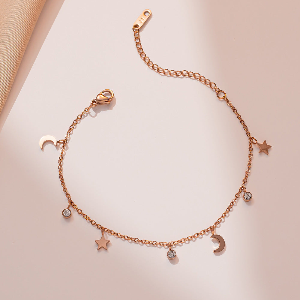 Bracciale geometrico minimalista con stelle e luna in acciaio al titanio placcato oro 18 carati da donna