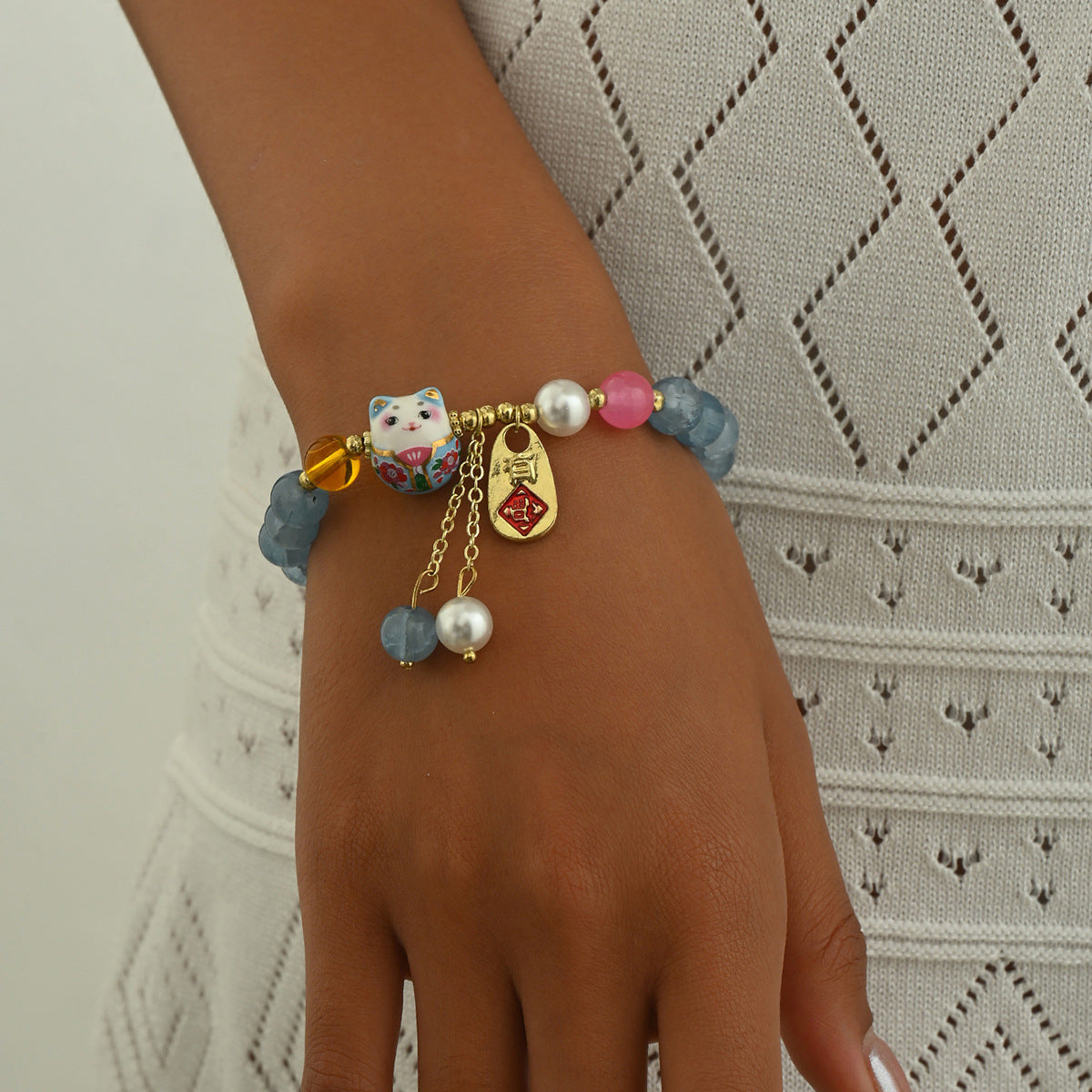 Bracciale da donna minimalista con gatto in stile cinese, perline di cristallo e design artigianale