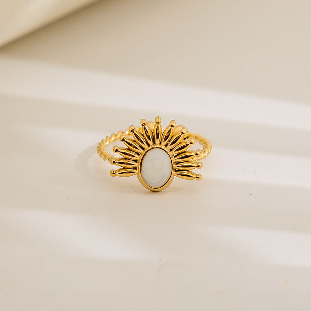 Anello Geometrico Rotondo in Acciaio al Titanio con Smalto Bianco e Nero Stile Vintage Fascia Aperta Regolabile