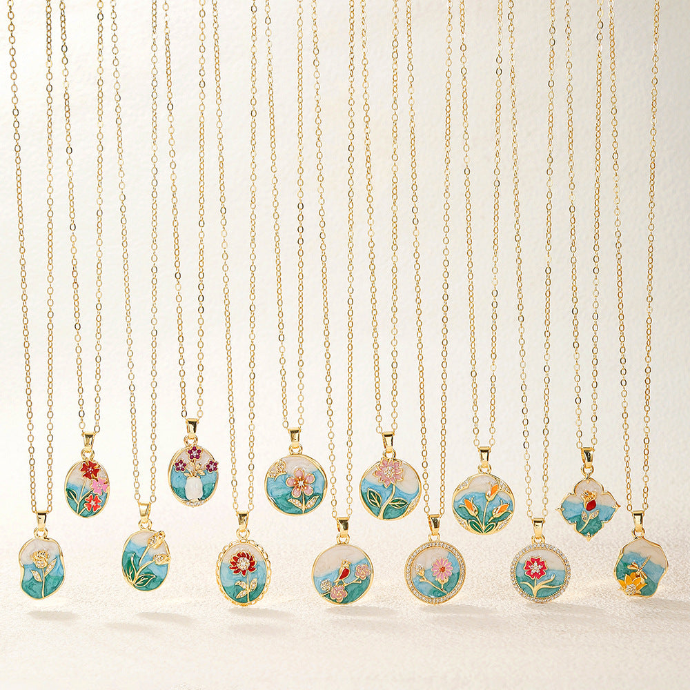 Elegant Drip Oil Floral Brass Gold Plated Necklace with Cubic Zirconia Inlay Cable Chain