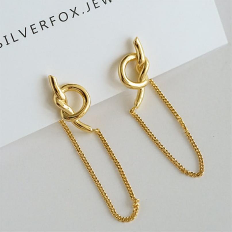 Minimalist Korean-Style 925 Sterling Silver Knot Drop Earrings with Geometric Beads and Polished Finish