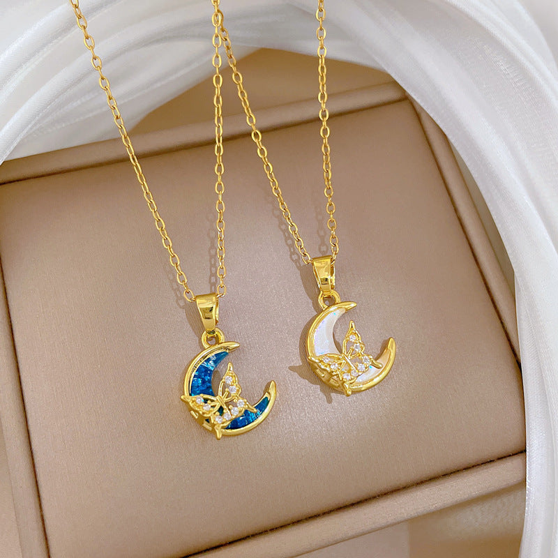 Sweet Elegant Moon Butterfly Rhinestone Shell Pendant Titanium Steel Necklace for Unisex