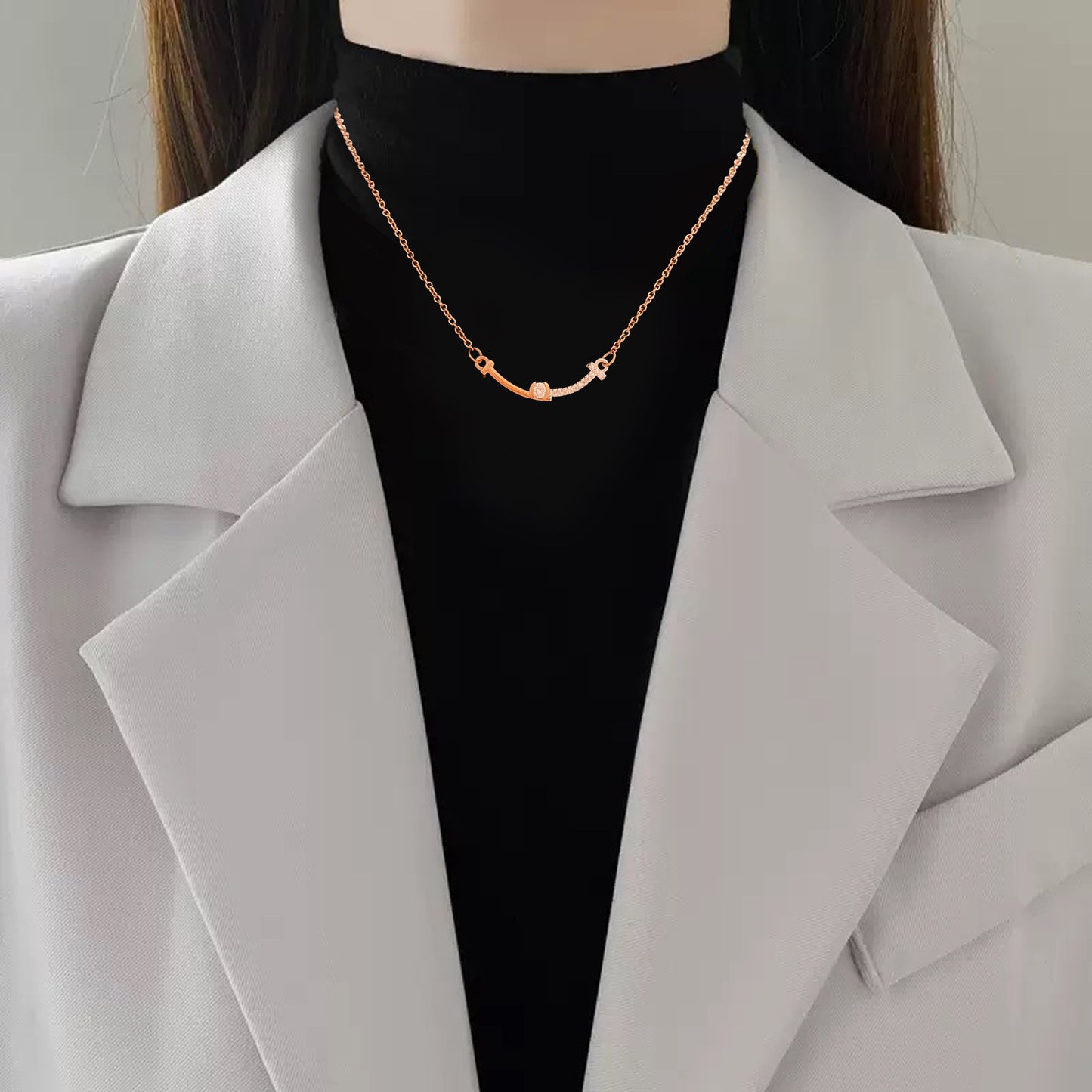 Minimalist Sweet Heart Full Cubic Zirconia Plated Titanium Steel Necklace with Brass Pendant Cable Chain Unisex