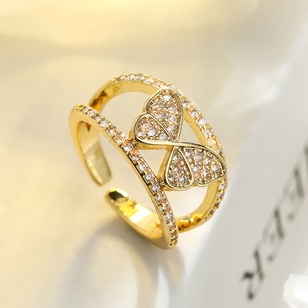 Anello a farfalla minimalista in rame placcato oro vero e zirconi micro-pavé da donna