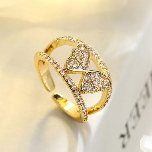 Anillo minimalista de cobre con forma de mariposa, chapado en oro real y circonitas micropavé para mujer