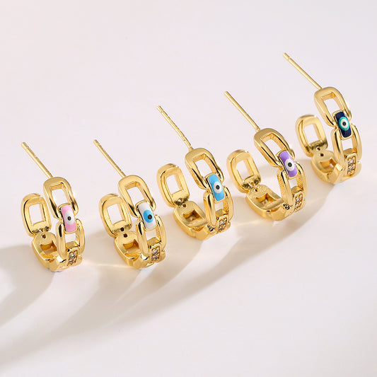 Pendientes de Cobre Geométricos con Forma de Ojo, Baño de Oro Real y Acabado Esmaltado para Mujer