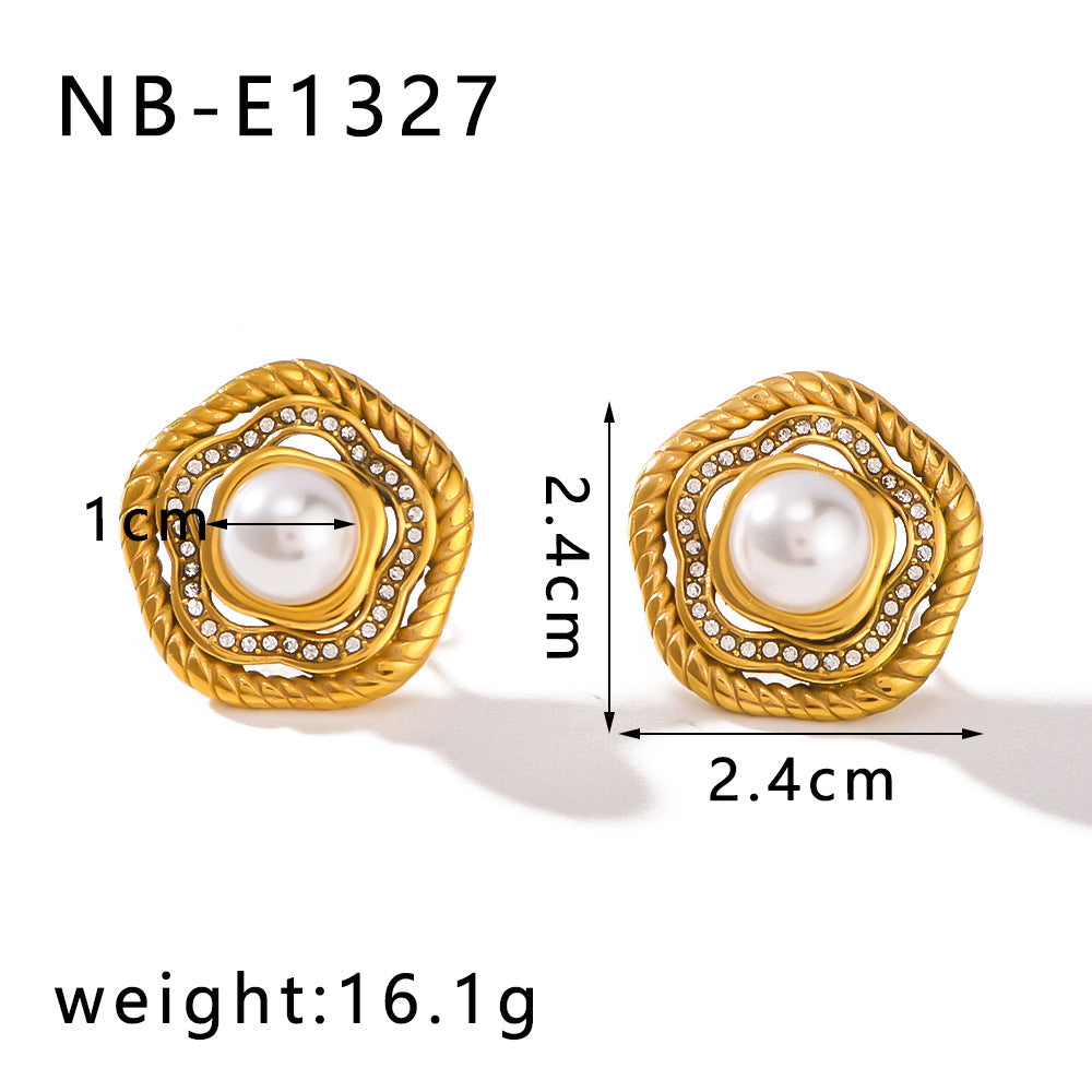Vintage French Palace Style Geometric Earrings with Pearl and Zircon Inlay Stainless Steel Plated in 18K Gold for Women