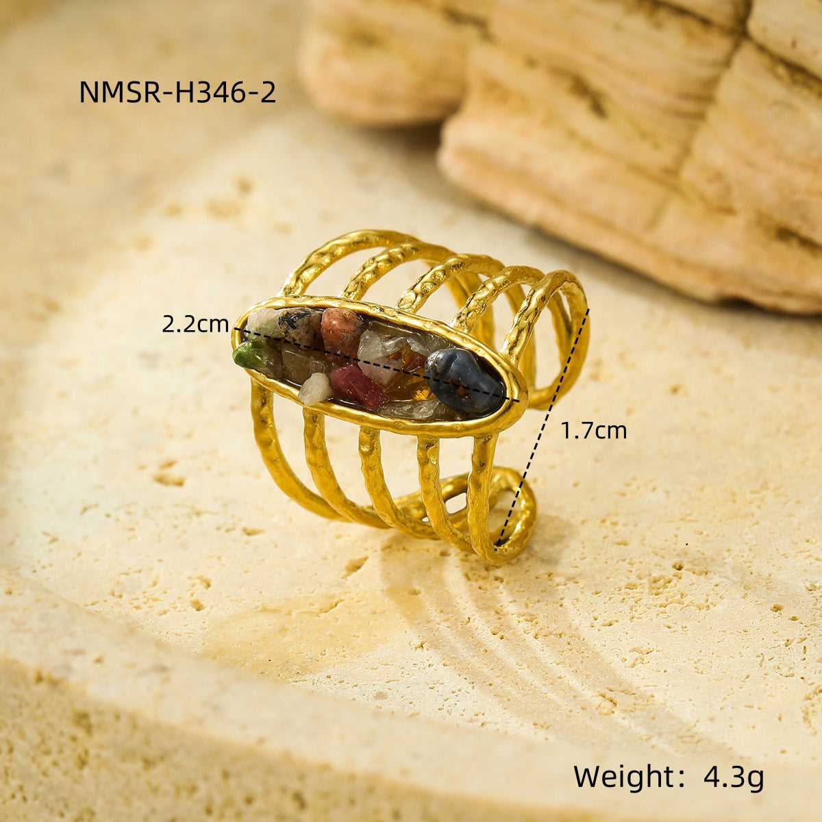Anello Aperto Minimalista Geometrico in Acciaio al Titanio Placcato Oro 18K con Intarsio in Pietra Naturale