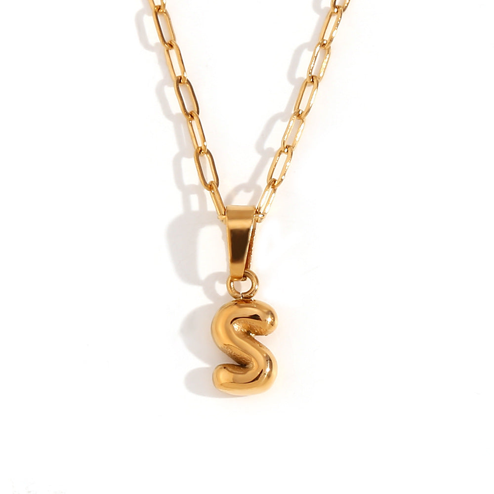 Minimalist Fashion Letter Pendant Necklace in Stainless Steel with 18K Gold Plating, Bubble-Inspired Mini Safety Pin Design for Women