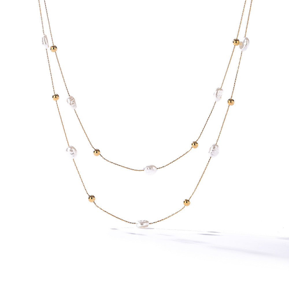 Minimalist Baroque Pearl Layered Necklace for Women with Titanium Steel Chain and Geometric Pendant
