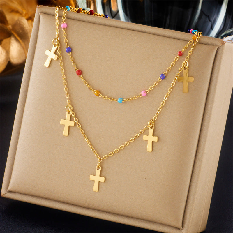 Set Collana con Pendente a Croce alla Moda in Acciaio al Titanio Placcato per Donna