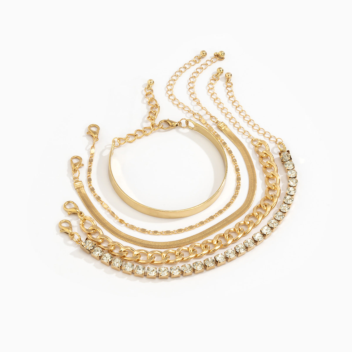 Geometric Style Stackable Snake Chain Bracelet Set for Women with Polished C-Shaped Thick Links and Rhinestone Accents