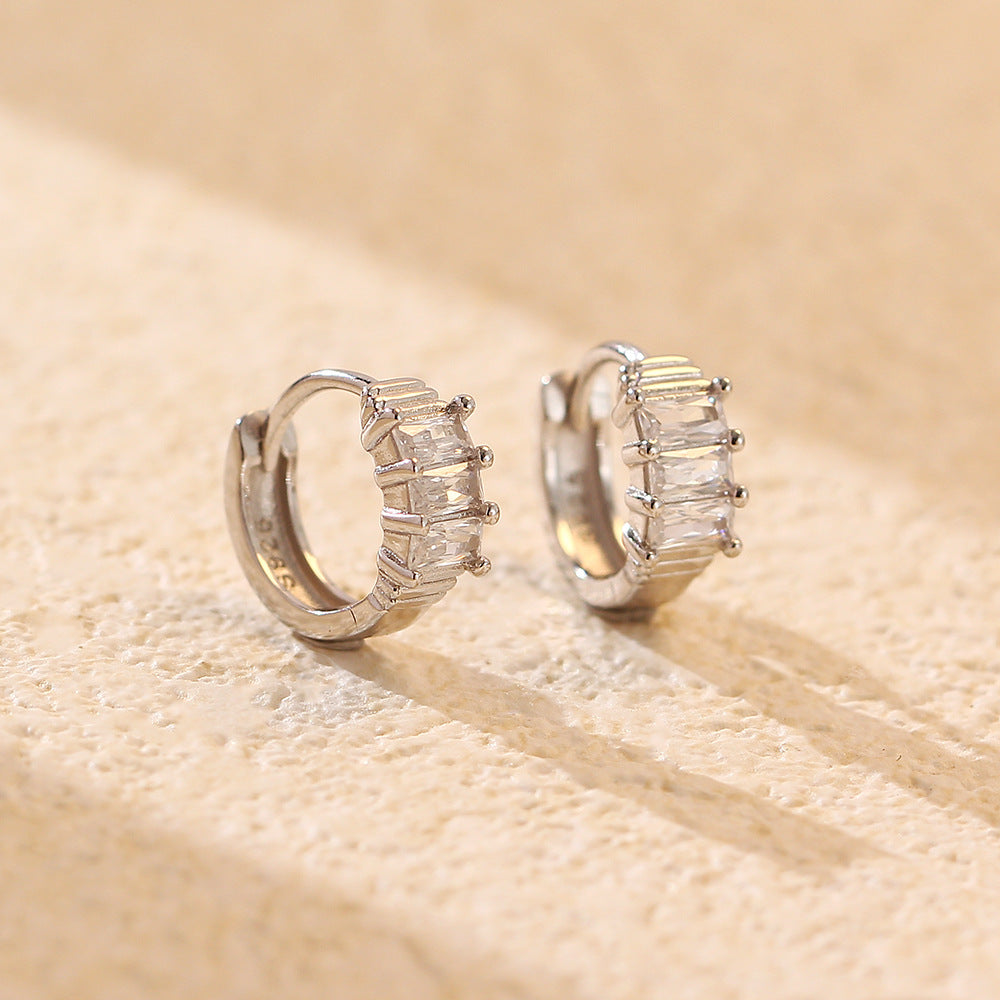 Elegant Luxury 925 Sterling Silver Rectangle Cubic Zirconia Inlay Hoop Earrings for Women