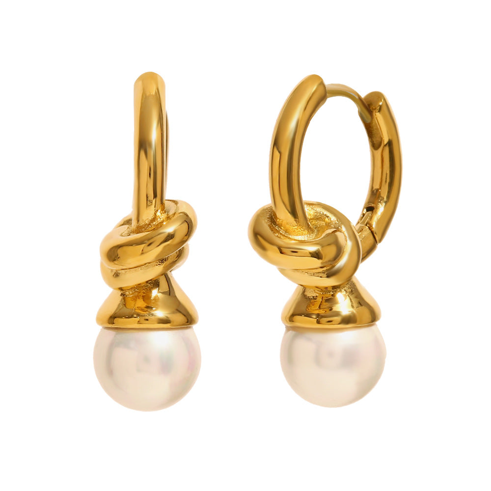 Vintage French Style 18K Gold Plated Stainless Steel Knotted Heart Pearl Hoop Earrings for Women