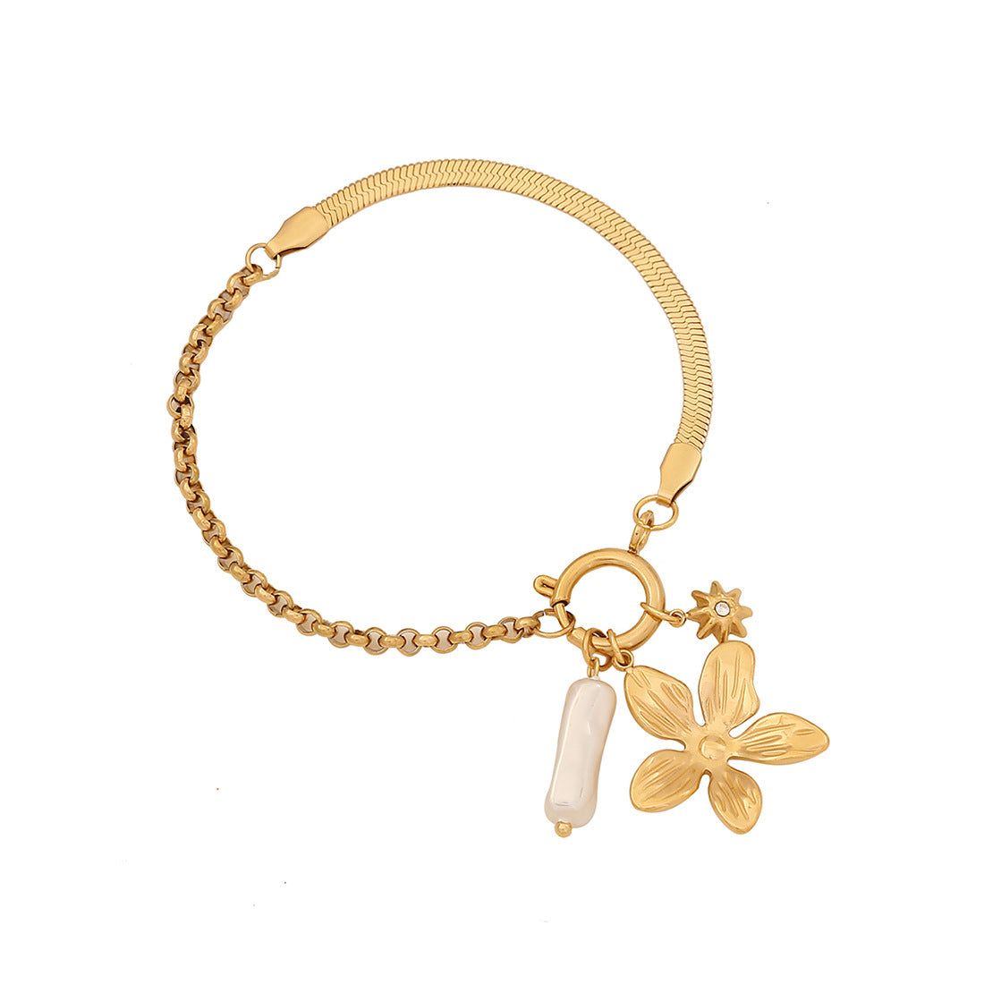 Bracciale da donna con charm fai da te a barra, elegante placcato in acciaio inossidabile, con cuore, farfalla, fiocco, perle finte e motivo floreale