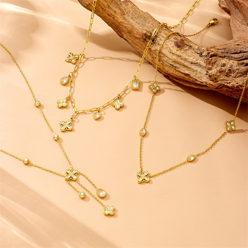 Vintage Elegant Rhinestone Teardrop Floral Geometric Plated Stainless Steel Pendant Necklace for Women