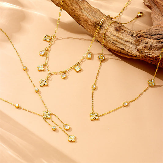 Vintage Elegant Rhinestone Teardrop Floral Geometric Plated Stainless Steel Pendant Necklace for Women